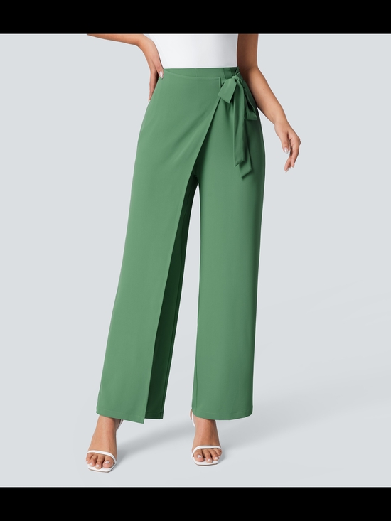 HALARA Pants - HALARA Sage Green Wrap-Front Wide Leg Pants with Side Tie